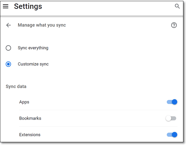 Chorome Sync Settings - bookmarks disabled