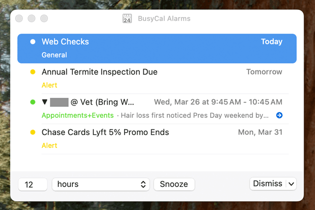 BusyCal Alarms Window