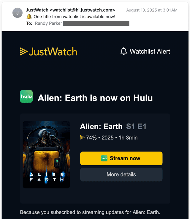 JustWatch - Email Notification for Alien: Earth