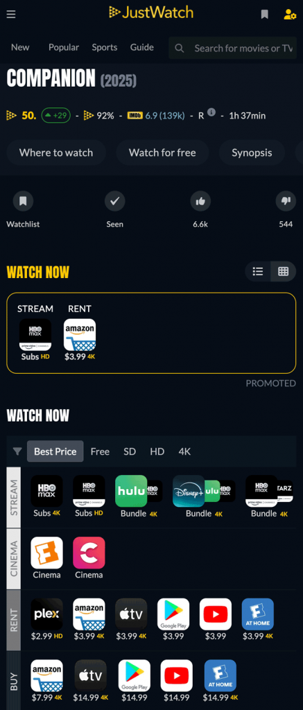 JustWatch page for the movie Companion