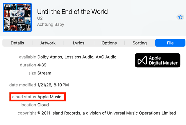 Apple Music Get Info Dialog Showing Cloud Status