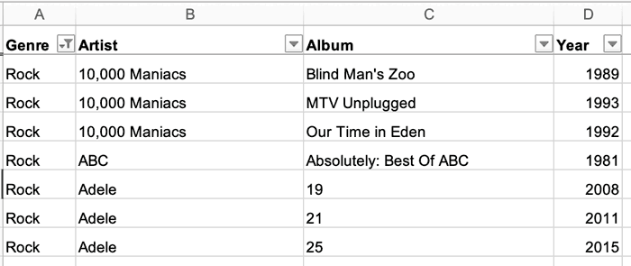Excel Spreadsheet with Music Catalog