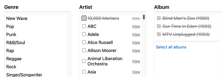 Music catalog in an HTML Column Browser