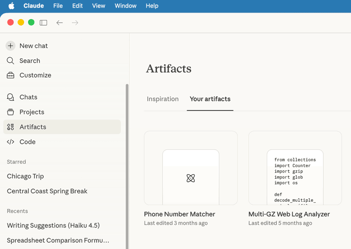 The Artifacts screen in Claude.