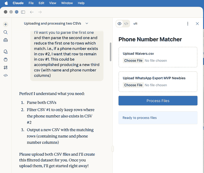 A CSV comparison tool in Claude.
