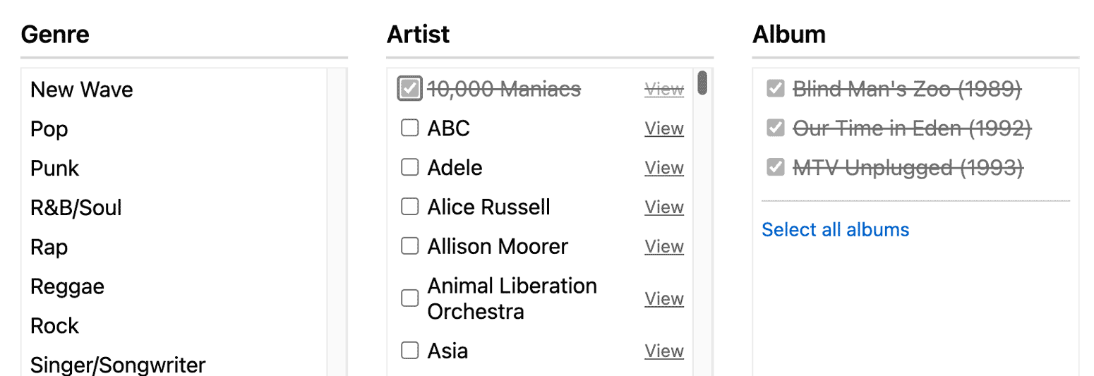 Music catalog in an HTML Column Browser