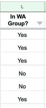 A Google Sheets column with Yes and No cell values.