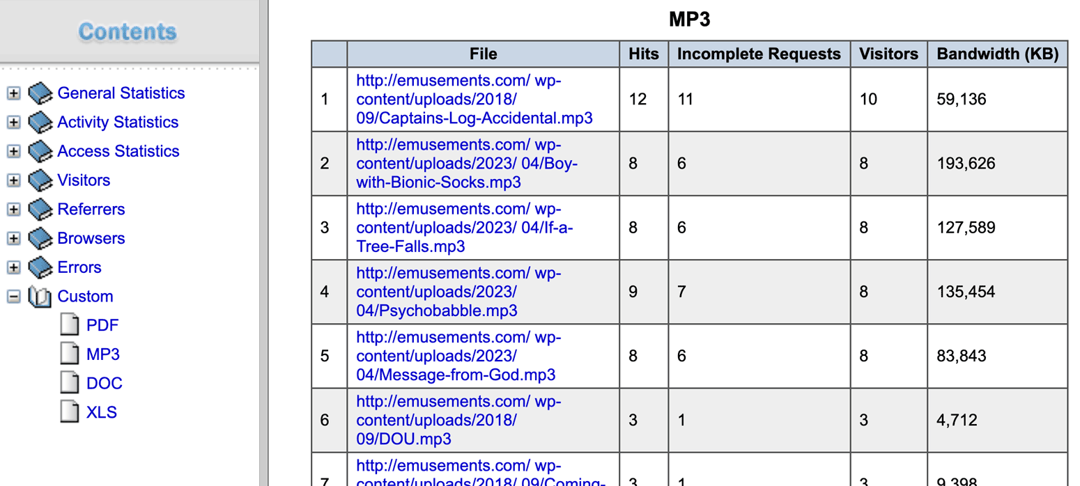 A custom report in Weblog Expert showing MP3 file hits.