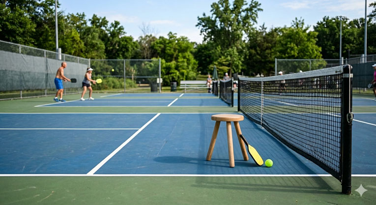 Stool with 3 legs on a pickleball court.