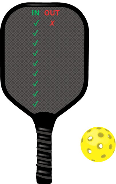 Pickleball paddle where inside the face there is an IN column with 9 checkmarks and an OUT column with one X.