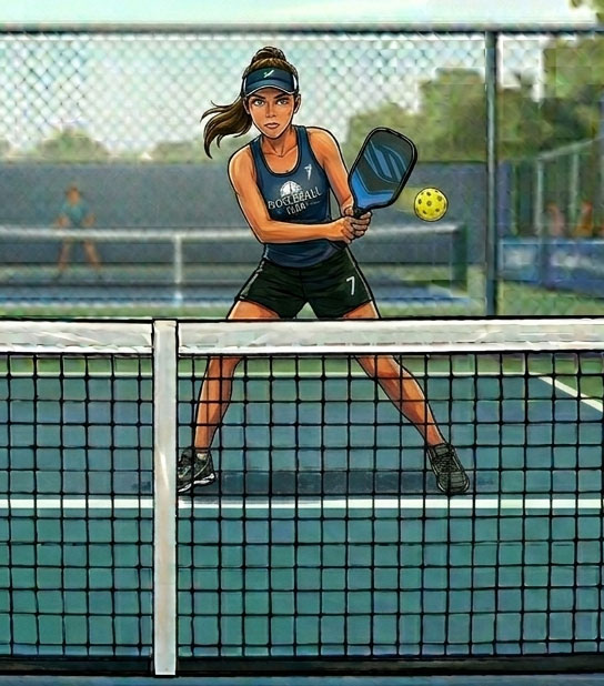 Illustration of a woman about to volley.