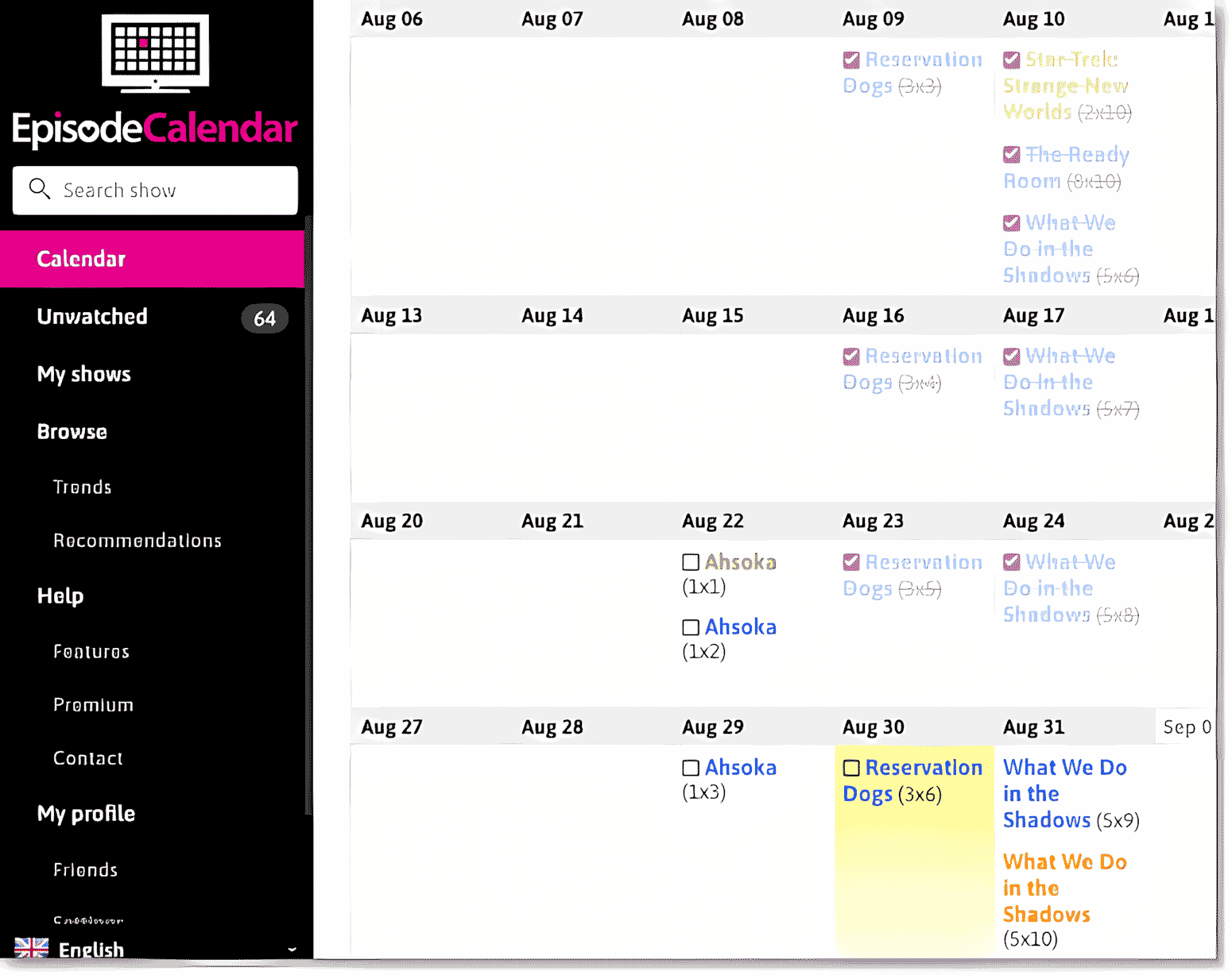 A monthly calendar in EpisodeCalendar