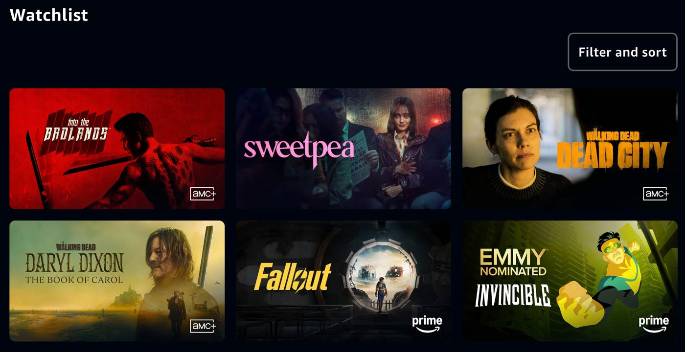 Prime Video Watchlist with a mix of content.