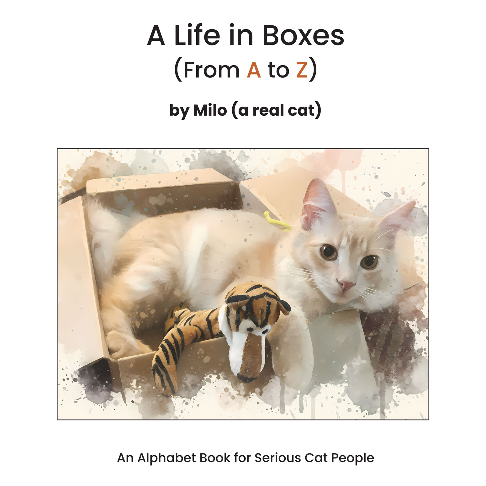 A Life in Boxes: From A to Z book cover — watercolor illustration of a cat in a cardboard box.